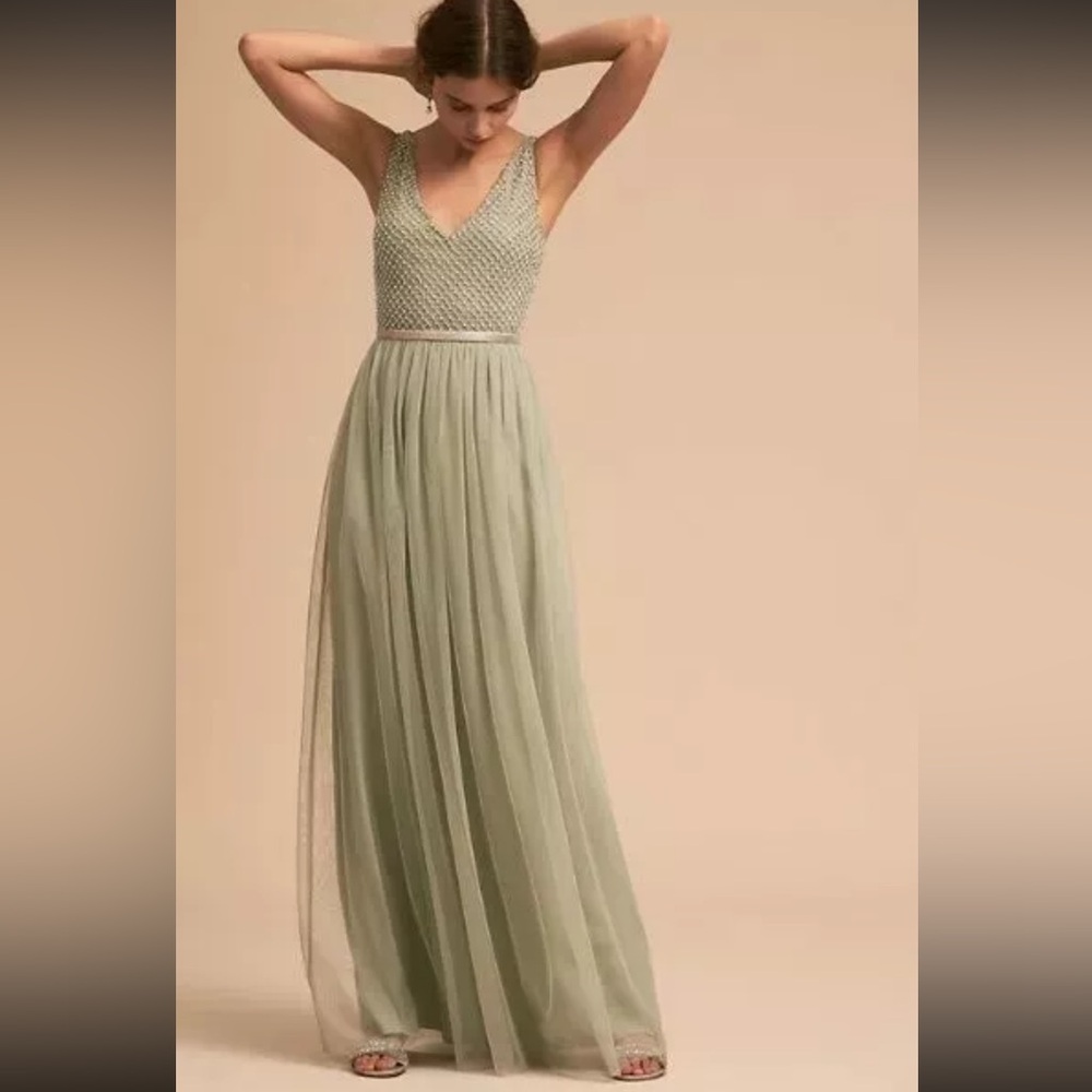 Adrianna Papell X Anthro Bryce Faux Pearl/Beaded Bodice Dress In Aqua Mist NWT 4